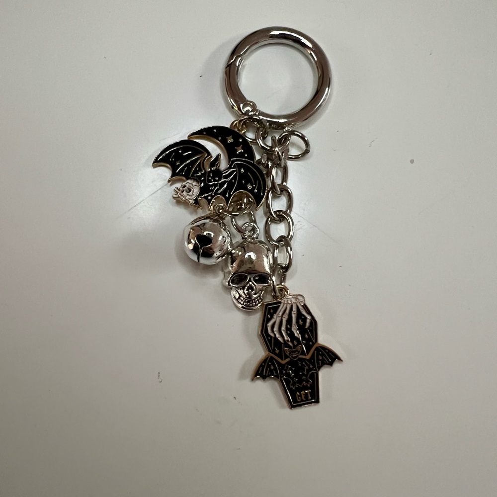 Gothic Coffin & Bat Charm Keychain – Skeleton Hand, Skull, and Moon Details - Picture 3 of 5